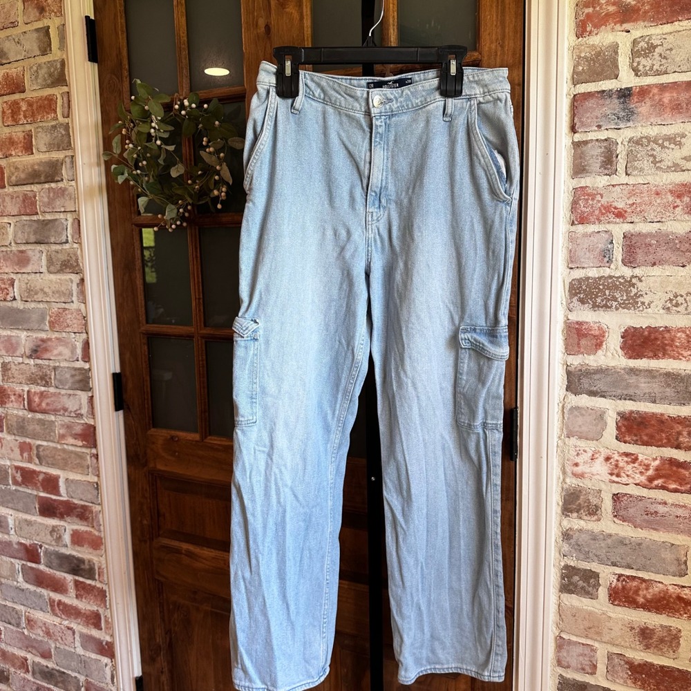 Hollister Dad Jean Women Light Wash Ultra High Rise Cargo 90s Baggy 12R 31R